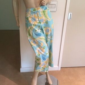 Lilly Pulitzer Via Blue Croissant Paisley Sunflowers Cotton Capri Pants 12